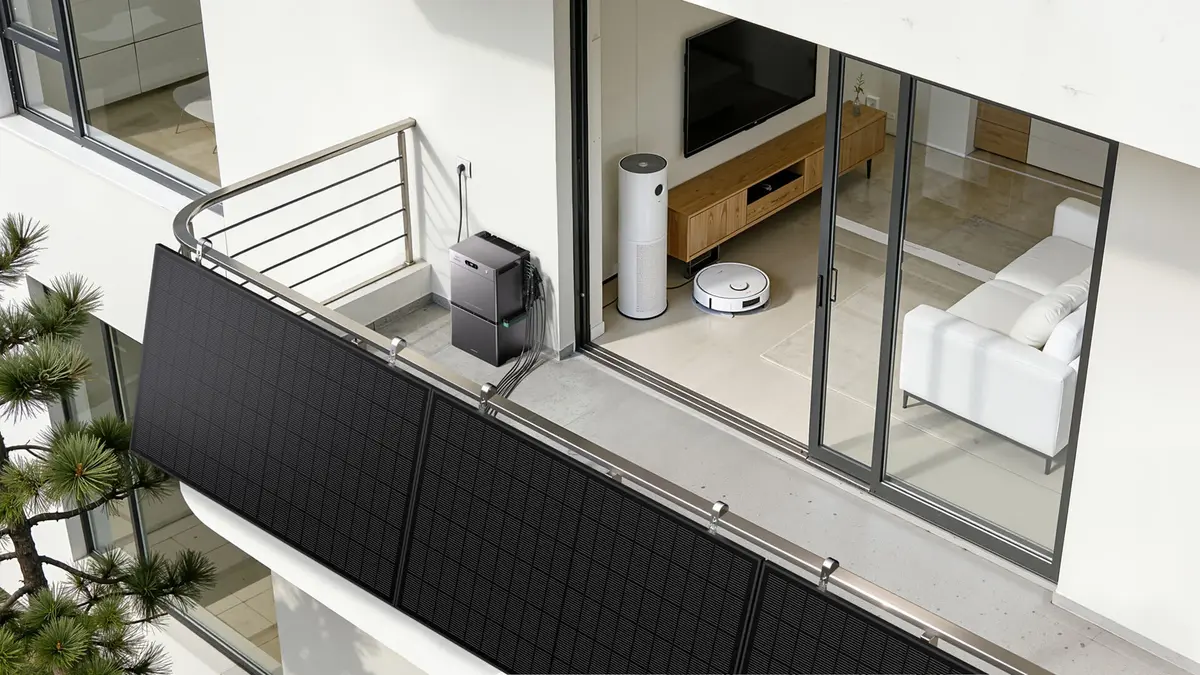 Zendure SolarFlow 2400 AC Pro monté sur une rambarde de balcon moderne avec vue sur la pièce intérieure.