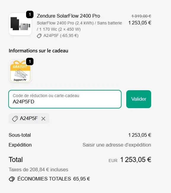 Écran de tarification pour Zendure SolarFlow 2400 AC Pro avec champ de code promo et bouton de validation vert.