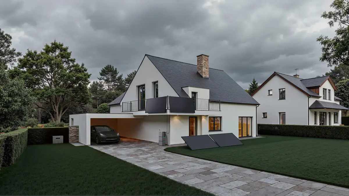 Zendure SolarFlow 2400 AC Plus dans une cour avec des maisons blanches et une pelouse verte.